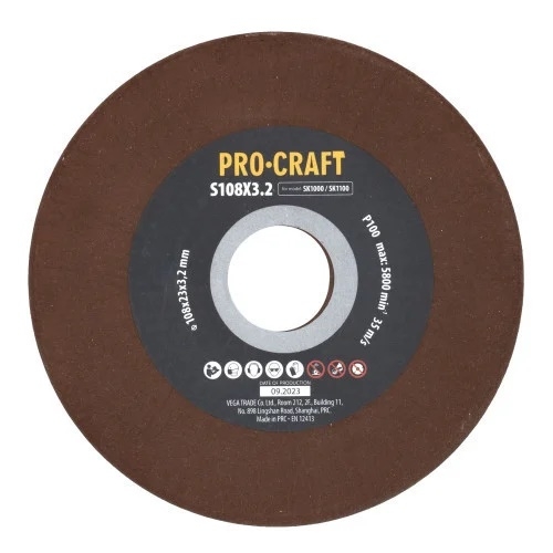 Disc de ascutit pentru ascutitor cu lant S108x23x3.2 Granulatie P100, Numar rotatii 5800 rpm, PROCRAFT