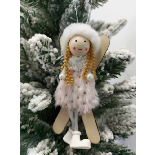 Figurina de agatat, copii cu schiuri alb-roz Xmas