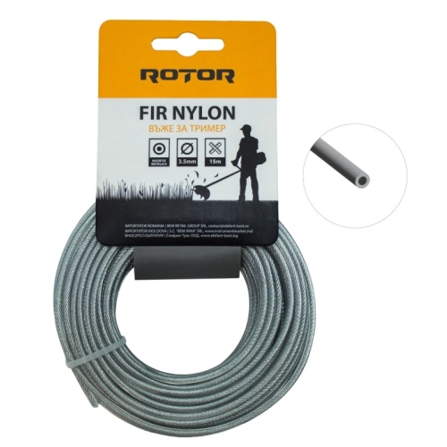 Fir nylon cu insertie otel, profil rotund 3,5 mm x 15 m pentru motocoasa, ROTOR