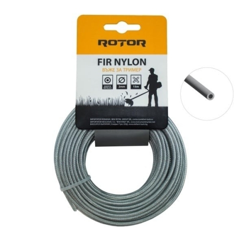 Fir Nylon cu Insertie Otel ROTOR, 2mm x 15m, rotund, pentru motocoasa