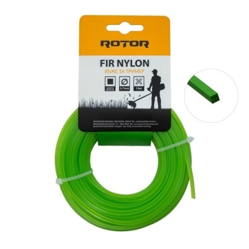 Fir Nylon Patrat ROTOR, 2.7mm x 15m, verde, pentru motocoasa si trimmer