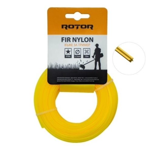 Fir Nylon Stea ROTOR, 2.7mm x 15m, galben, pentru motocoasa si trimmer