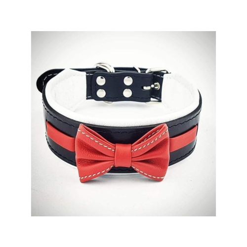 Bestia Zgarda Bowtie-Papion, Piele Naturala, S: 35-42.5 cm, Negru/Rosu
