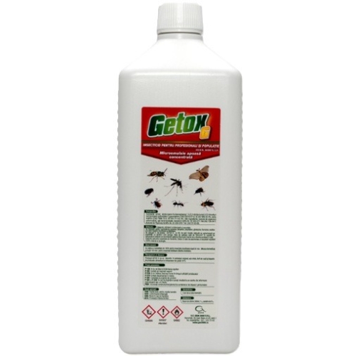 Insecticid concentrat cu efect de soc, eficient in combaterea gandacilor de bucatarie, viespilor si furnicilor,mustelor, puricilor, plosnitelor, moliilor, Getox G, 1 l