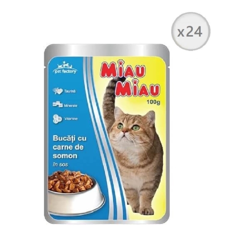 Pachet Miau Miau Mancare umeda pisici cu carne de somon in sos, 100 g x 24 buc