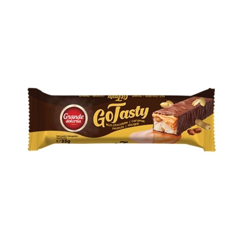 Baton glazurat cu nuga, caramel si alune, 35 g, Grande Dolceria
