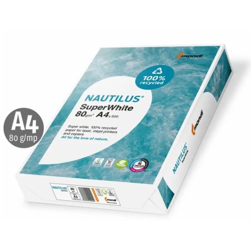 Hartie copiator reciclata, Nautilus, Super White A4, 80 g, 500 coli/top (cutie 5 topuri)