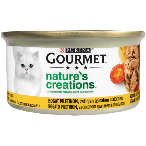 Hrana umeda pentru pisici, bogat in Pui, asezonat cu Spanac si Rosii, conserva 85 g, Purina Gourmet Nature’s Creations