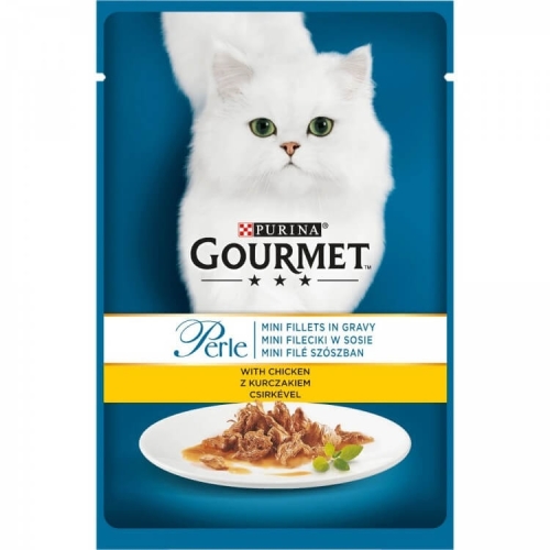 Hrana umeda pentru pisici, Mini-fileuri in sos cu Pui, plic 85 g, Purina Gourmet Perle