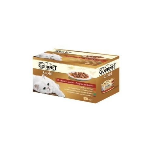 Hrana umeda pentru pisici, Bucati de carne in sos cu Vita / Curcan si Rata / Somon si Pui / Pui si Ficat, 4 conserve x 85 g, Purina Gourmet Gold 