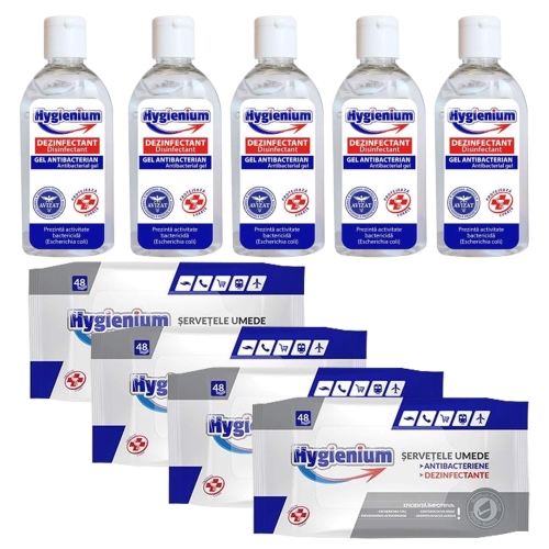 Pachet Hygienium: 5x Gel dezinfectant = 50 ml + 4xServetele umede antibacteriene/dezinfectante 48 bucpe grupdzc.ro✅. Descopera gama copleta de produse la oferte speciale✅!