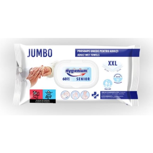 Prosoape umede pentru adulti SENIOR, JUMBO XXL 60 buc, densitate 55 gsm, dimensiune servetel 25 x 22 cm, Hygienium 