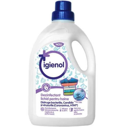 Igienol Virucid Dezinfectant pentru haine Pure Care 1,5 L, avizat Ministerul Sanatatii. Produs pentru igienizarea rufelor