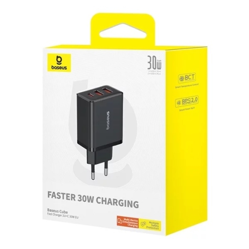 Incarcator retea Baseus Cube, 30W, 2x USB-A, 1x USB-C, Fast Charge Negru