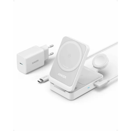 Incarcator wireless magnetic Anker MagGo 3-in-1, MagSafe compatibil, 15W, Qi2 Certificat, Pliabil, (incarcator si cablu USB-C inclus) Alb