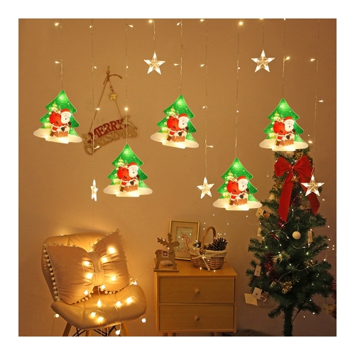 Instalatie Pom Craciun, Perdea Luminoasa Stelute + Braduti, Alba, 2.60 x 0.65 m