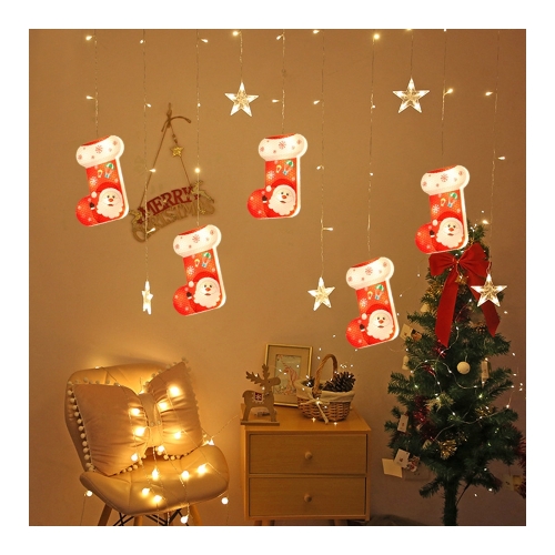 Instalatie Pom Craciun, Perdea Luminoasa Stelute + Cizmulite, Alba, 2.60x0.65 m