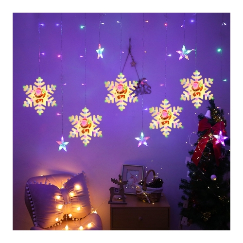Instalatie Pom Craciun, Perdea Luminoasa Stelute + Fulgi De Nea, Multicolora, 2.60 x 0.65 m