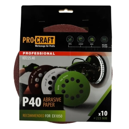 Disc abraziv pentru slefuitor cu excentric KD225.40 PROCRAFT (Set 10 buc) Diametru: 225 mm , Granulatie: P40