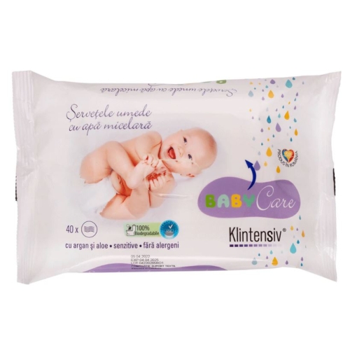  Șervețele umede biodegradabile cu apă micelară, argan și aloe, 40 buc, Klintensiv Baby