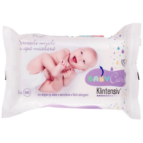  Șervețele umede biodegradabile cu apă micelară, argan și aloe, 65 buc, Klintensiv Baby