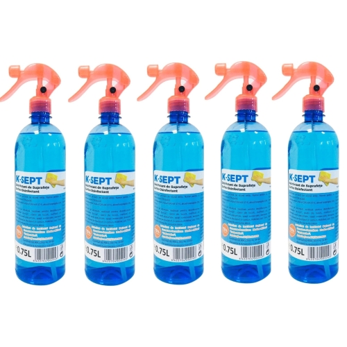 Pachet K-SEPT Virucid Dezinfectant suprafete pe baza de alcool 75% cu pulverizator, 750 ml x 5 buc. Produs antibacterian pentru suprafete