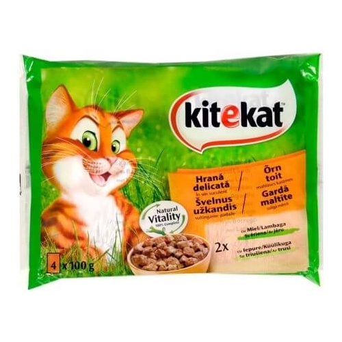 Kitekat Hrana delicata in sos suculent, 4 x 100 g. Pachet hrana umeda pentru pisici
