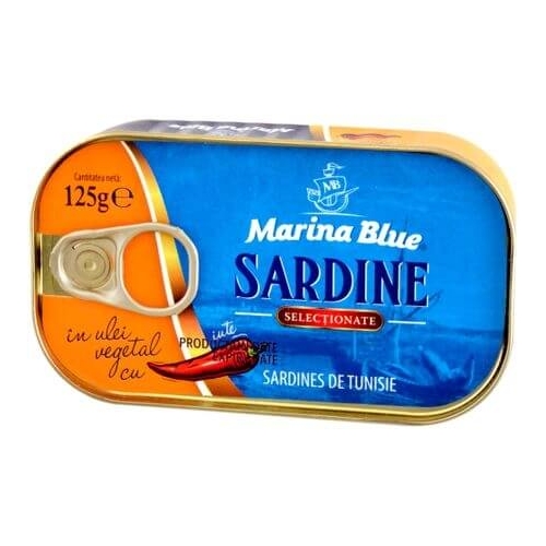 Sardine in ulei vegetal cu ardei iute Marina Blue, 125 gpe grupdzc.ro✅. Descopera gama copleta de produse la oferte speciale✅!