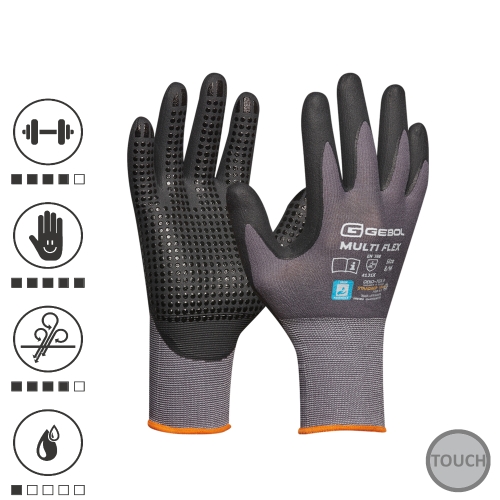 Manusi de protectie Multi Flex, din nylon si spandex, acoperire din spuma de nitril, uz profesional, marimea 9/L,  Gebol 709277