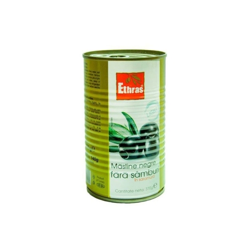 Masline negre fara samburi in saramura, 370 g, Ethras