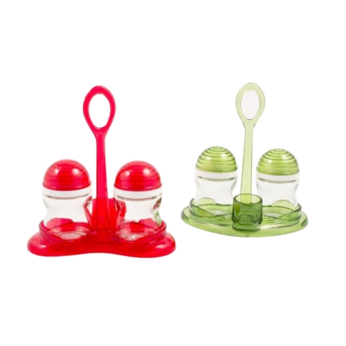 Set sare/piper/suport scobitori, capacitatea 90 ml, sticla si plastic, culoare verde, diametru 90mm