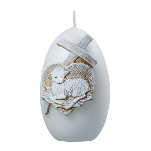 Lumânare în forma de ou – Miel și cruce – 60x90mm – OU-ALB-MIEL-CR-60/90