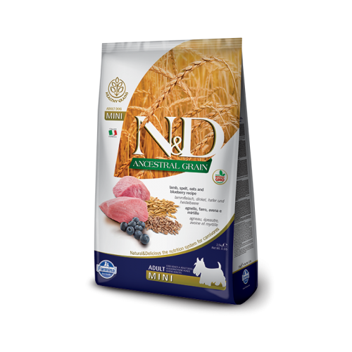 Hrana uscata caini adult de talie mica, cu miel, afine si alac, 7 kg, N&D Ancestral Grain