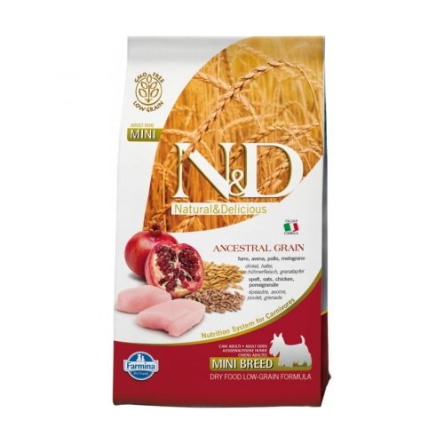 Hrana uscata caini adult de talie mica, cu pui, alac si rodie, 7 kg, N&D Ancestral Grain