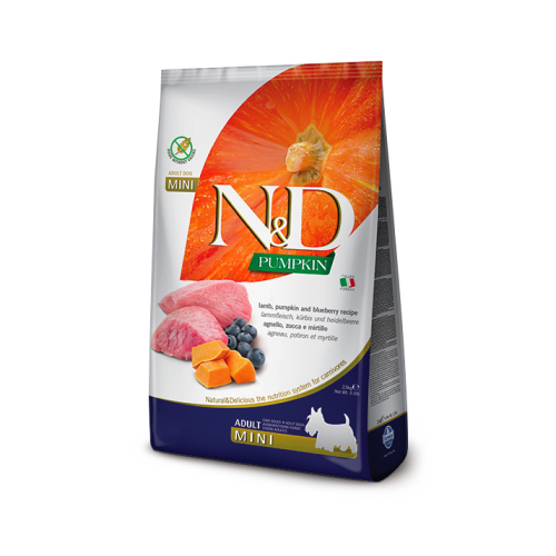 Hrana uscata pentru caini adult, talie mica, cu Miel si afine, 2.5 kg, N&D Pumpkin