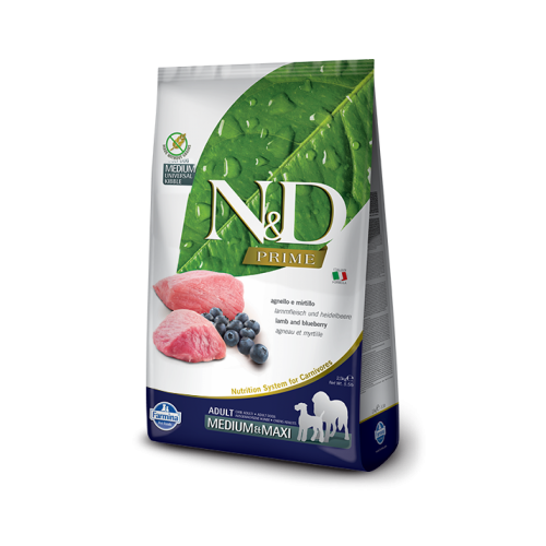 Hrana uscata Caini Adult, talie medie si mare, cu miel si afine, 12 kg, N&D Prime