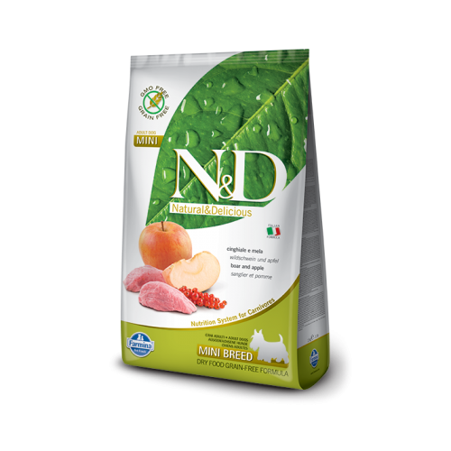 Hrana uscata Caini Adult, talie mica, cu mistret si mar, 7 kg, N&D Prime