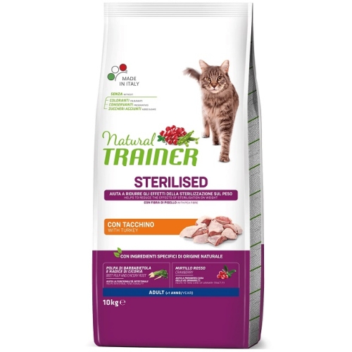 Hrana uscata, Pisici, Sterilizat, Adult, cu carne proaspata de Curcan, 10 kg, Natural Trainer