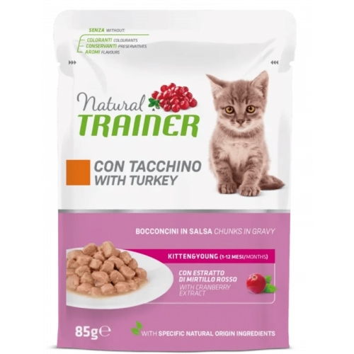 Hrana umeda pentru pisici junior, Bucati de Curcan in sos 85 g x 12 buc, Natural Trainer Maintenance Kitten & Young
