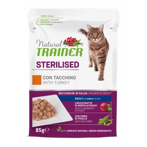 Hrana umeda pentru Pisici Adulte Sterilizate, cu Bucati de Curcan in sos,  85 g x 12 buc, Natural Trainer