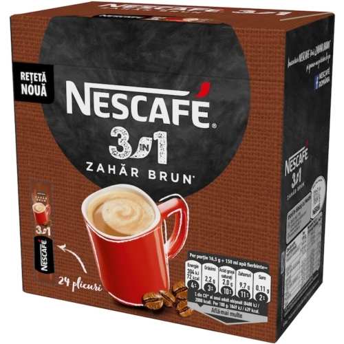 Cafea solubila, Nescafe 3 in 1 Zahar Brun, 16.5g x 24 plicuri