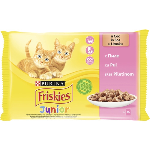 Friskies Purina Junior in sos cu Pui, 4 x 85 gpe grupdzc.ro✅. Descopera gama copleta de produse la oferte speciale✅!