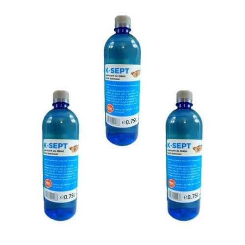 Pachet K-SEPT Virucid Dezinfectant maini pe baza de alcool 75%, rezerva 3 buc x 750 ml. Produs antibacterian pentru maini