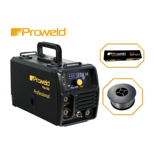 Pachet ProWELD Flux 932 Invertor sudare Flux, MMA + E71T-GS sarma sudura flux 0.8mm, rola 1kg/D100 + E6013 electrozi rutilici 2.5mm, 1kg
