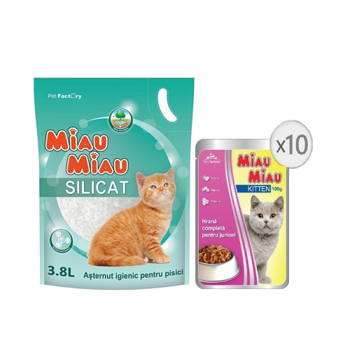 Pachet Asternut silicatic 3.8L +  Plic Kitten 100g x 10 buc, Miau Miau