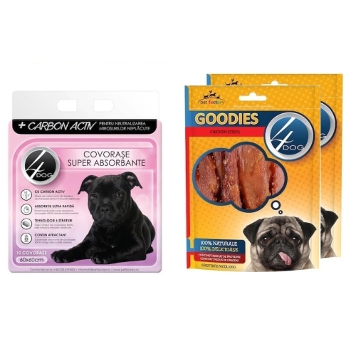 Pachet Covorase absorbante 60x60 charcoal 10 buc + Goodies chicken strips 100g x 2 buc, 4Dog 