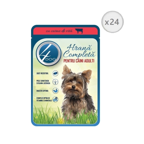 Pachet 4Dog Plic Hrana pentru caini cu carne de vita in sos, 100g x 24 buc. Produse pentru caini si catei