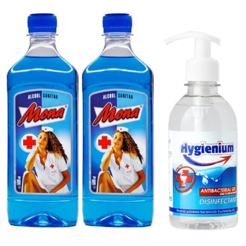 Pachet dezinfectant: Mona Spirt/Alcool Sanitar 2x500ml + Hygienium Gel antibacterian/ dezinfectant pentru maini, 300 mlpe grupdzc.ro✅. Descopera gama copleta de produse la oferte speciale✅!