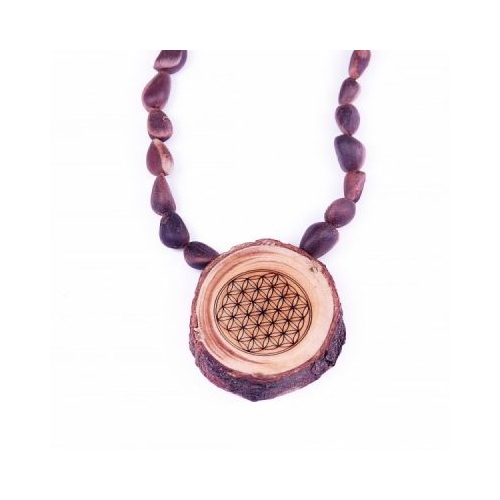 Pandantiv de lemn de Cedru Floarea Vietii pe salba din seminte