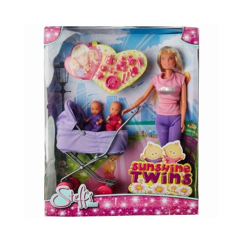 Papusa Steffi in pantaloni cu carucior si gemen